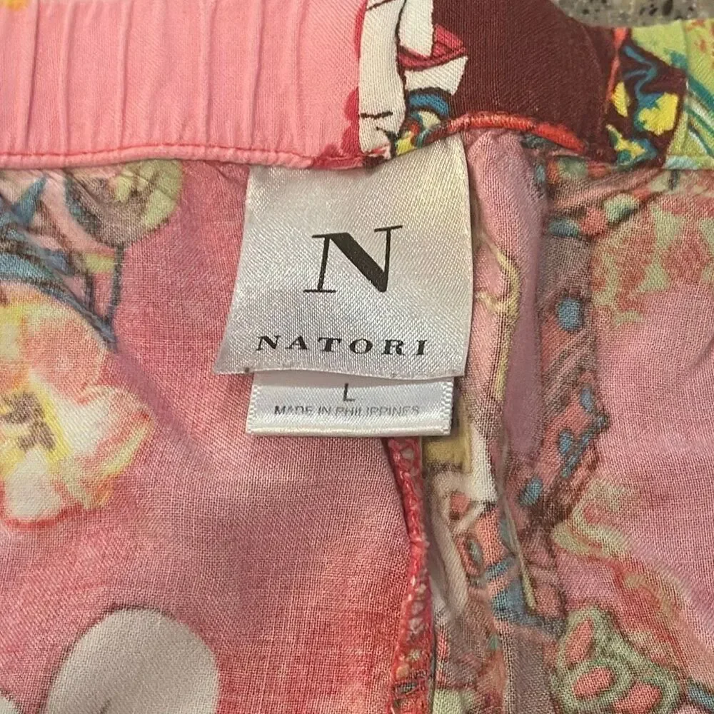 NATORI Cropped Pajama Loungewear Pants Pink Floral Japanese-Inspired Print